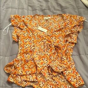Max Studio Orange Ruffled Wrap Blouse with Cap Sleeves